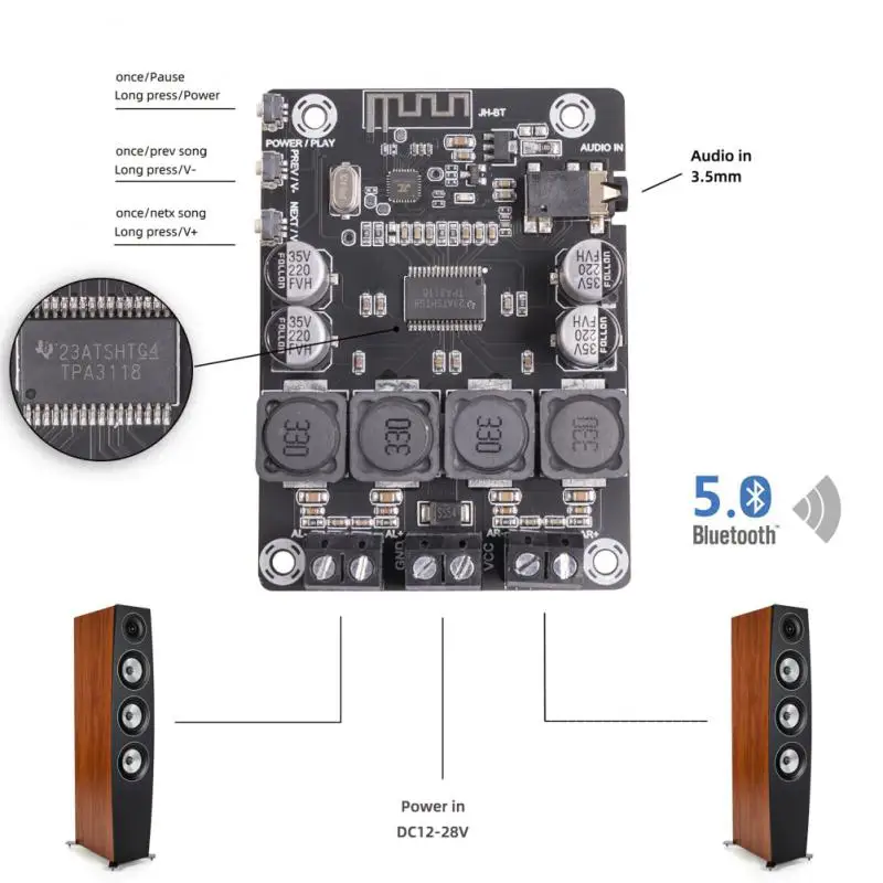 

Плата усилителя, совместимая с bluetooth 5,0, беспроводное соединение, стерео вход 3,5 мм, стерео аудио высокой четкости 2x45 Вт Tpa3118