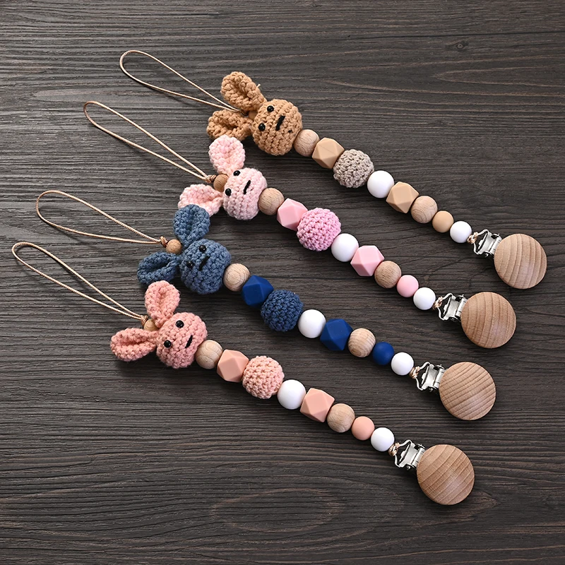 

Baby Wooden Pacifier Clip Wood Crochet Rabbit Teething Soother Chain For BPA Free Nursing Chew Toy Baby Dummy Holder Chain 2023