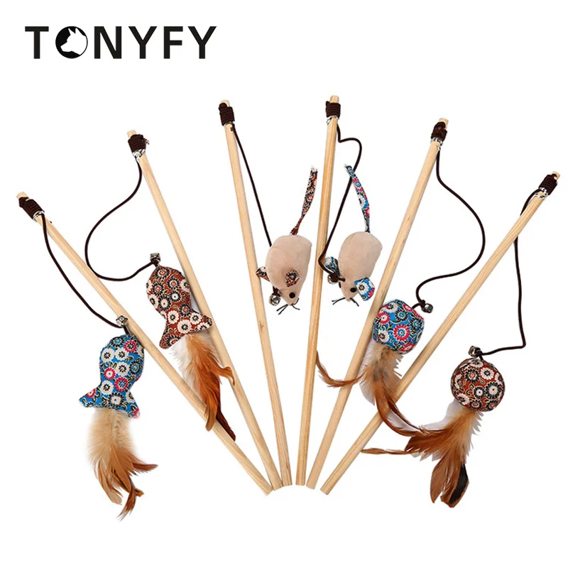 

3pcs/set Pet Catnip Wooden Cat Toy with Bell Feather Mouse Cat Teaser Rod Wooden Kitten Toy Grinding Claw Chew Playing Catch Toy