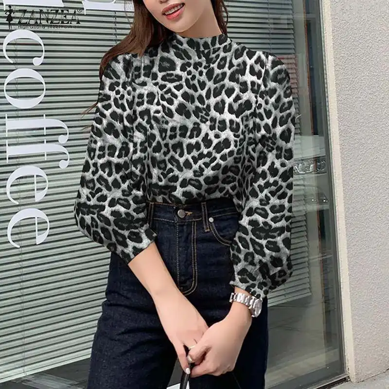 

2022 Spring Leopard Printed Blouse Women Elegant Long Sleeve Tops ZANZEA Fashion OL Baggy Shirts Female Casual Oversized Chemise