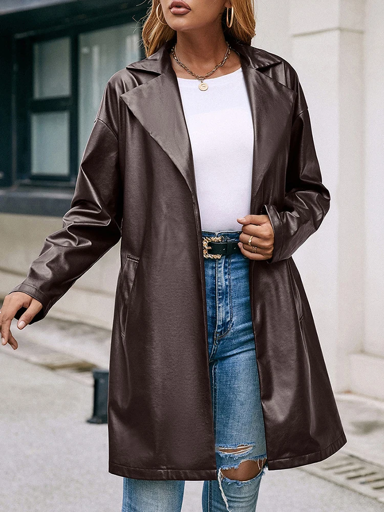 

Ailegogo 2022 New Spring Autumn Women Pu Faux Leather Long Jacket with Belt Streetwear Female Moto Biker Lapel Coat Outwear