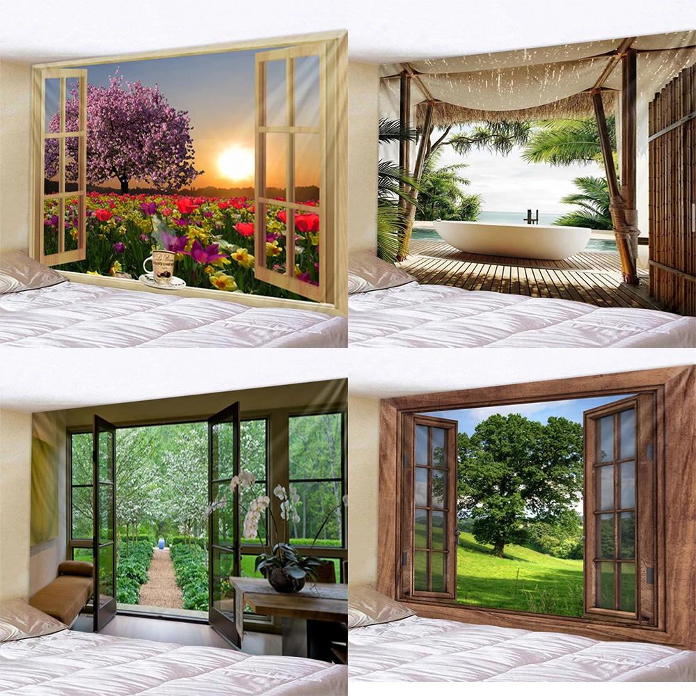 

Imitation window wall hanging tapestry art room decoration background cloth bedroom living room decoration tapestry