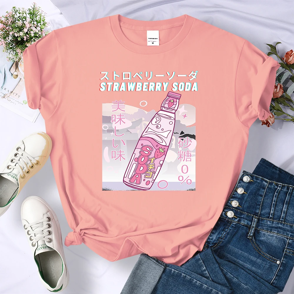 

Strawberry Soda Strawberry Milk Anime Mzumo Female T Shirts Summer Soft Crop Top Casual Sport Tee Clothes Breathable Cool Tshirt