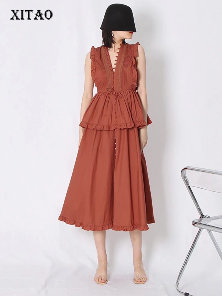 

XITAO Fashion False Two Pieces Dress Solid Color V-neck Collar Temperament Splicing Sleeveless Edible Tree Fungus WLD8223