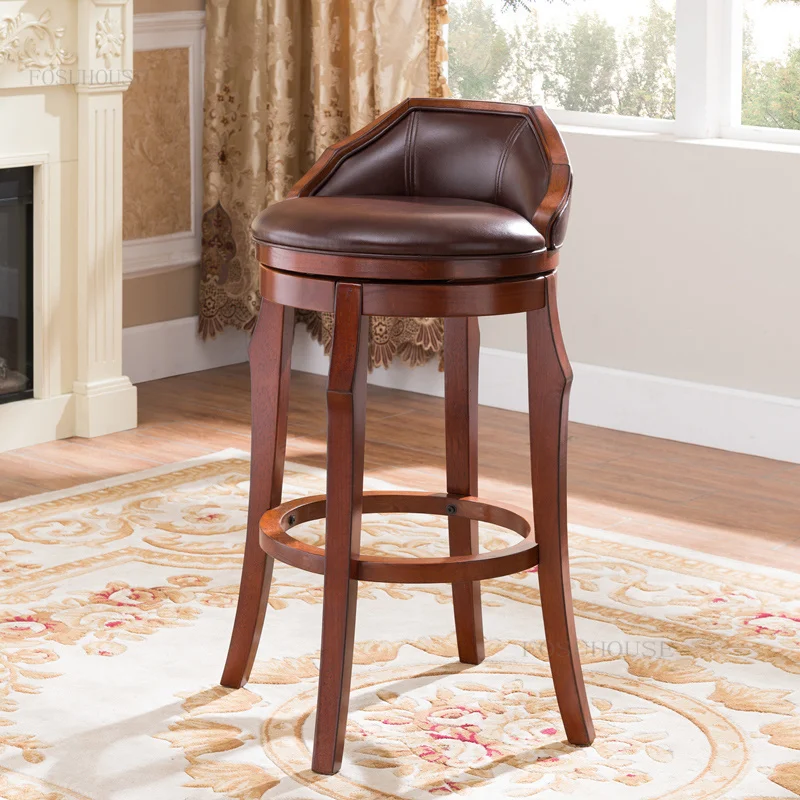 

European-style Solid Wood Living Room Bar Chairs Retro Household Furniture Backrest Bar Chair Hotel Rotating High-foot Bar Chair