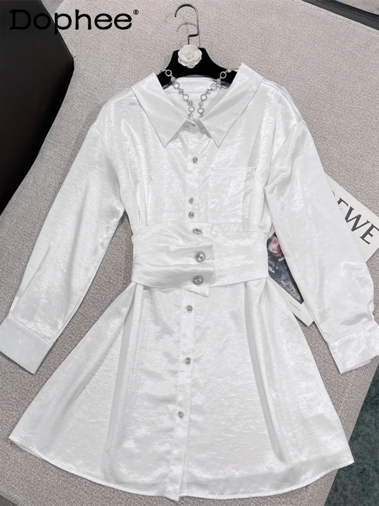 

2022 new autumn and winter fashion women clothes turn-down collar full sleeves single breasted waist belt shirt dress