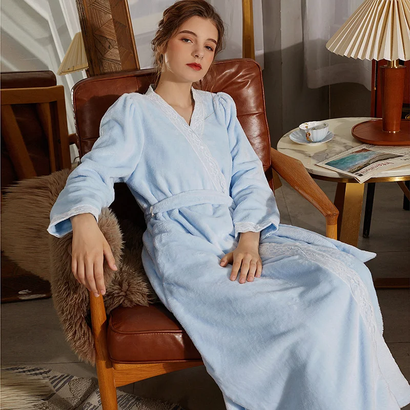 Fleece Nightdress Women Lace Long Sleeve Elegant Nightgown Sleepwear Thicken Flannel Vintage New Warm Thermal Home Dressing Gown