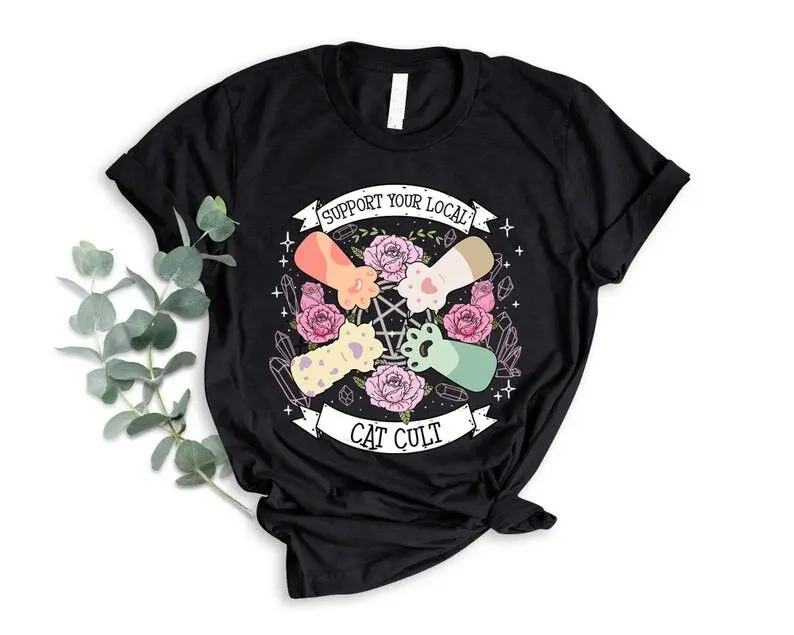 

Support Your Local Cat Cult Tshirt Pastel Paws Shirt Pastel Goth Rose Crystal Cat Shirts Funny Women Witchy Tees Cat Lover Gift