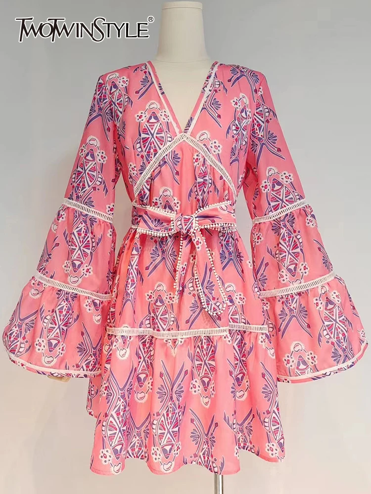 

TWOTWINSTYLE Summer Dress For Women V Neck Long Sleeve High Waist Print Colorblock Vintage Mini Dresses Female Clothing Fashion