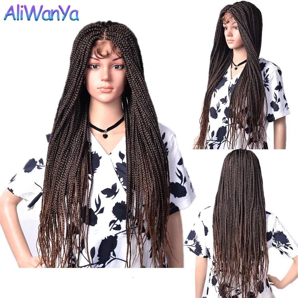 28 Inch Ombre Synthetic Lace Front Wig 4*4 Hair Box Braids Wig For Women Heat Resistant Long Fake Scalp Braiding Hair Cosplay