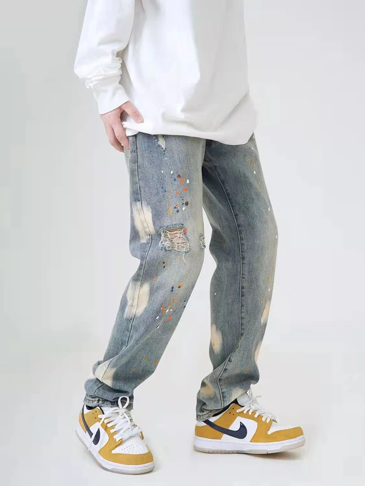 Men's Jeans Four Seasons Retro Street Ink Splattered Jeans Hole Knife Cut Straight Loose Pants Streetwear Men Ins Hot Sale JEANS