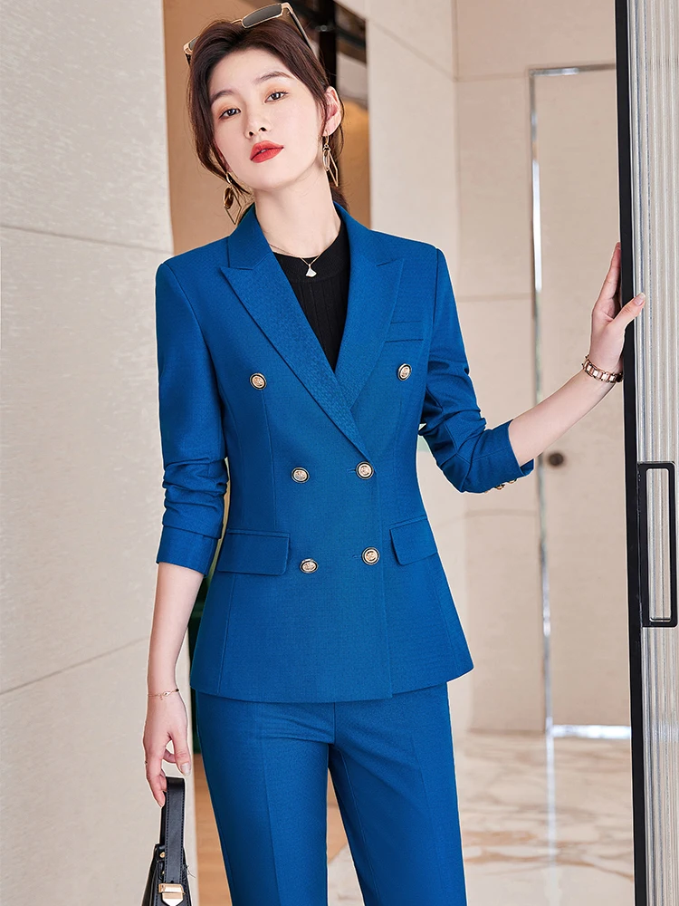 Women Navy Blue Black Pant Suit High Quality For Office Ladies Work Wear Female Button Decoration Blazer and Trouser 2 Piece Set