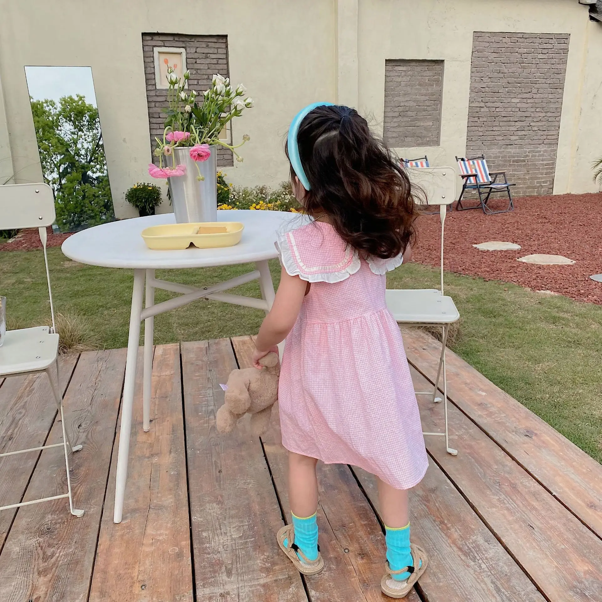 

Korean Version Of Children'S Clothing Girls Lolita Princess Dress 2022 Summer Children'S Foreign Ear Lapel Plaid Sleeveless Dres