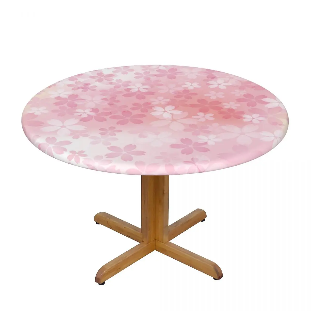 

Pink Cherry Blossoms In Full Bloom Waterproof Polyester Round Tablecloth Catering Fitted Table Cover with Elastic Edged