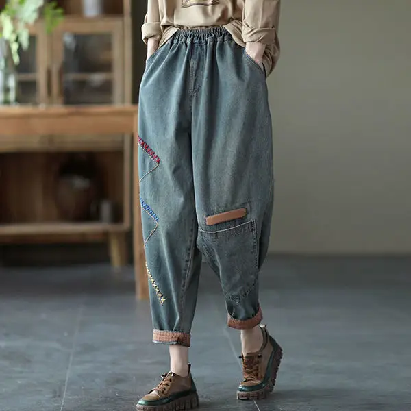 

Джинсы с высокой талией и вышивкой, женские Модные свободные эластичные джинсы со множеством карманов, трендовые брюки Harlan на осень и зиму 2022