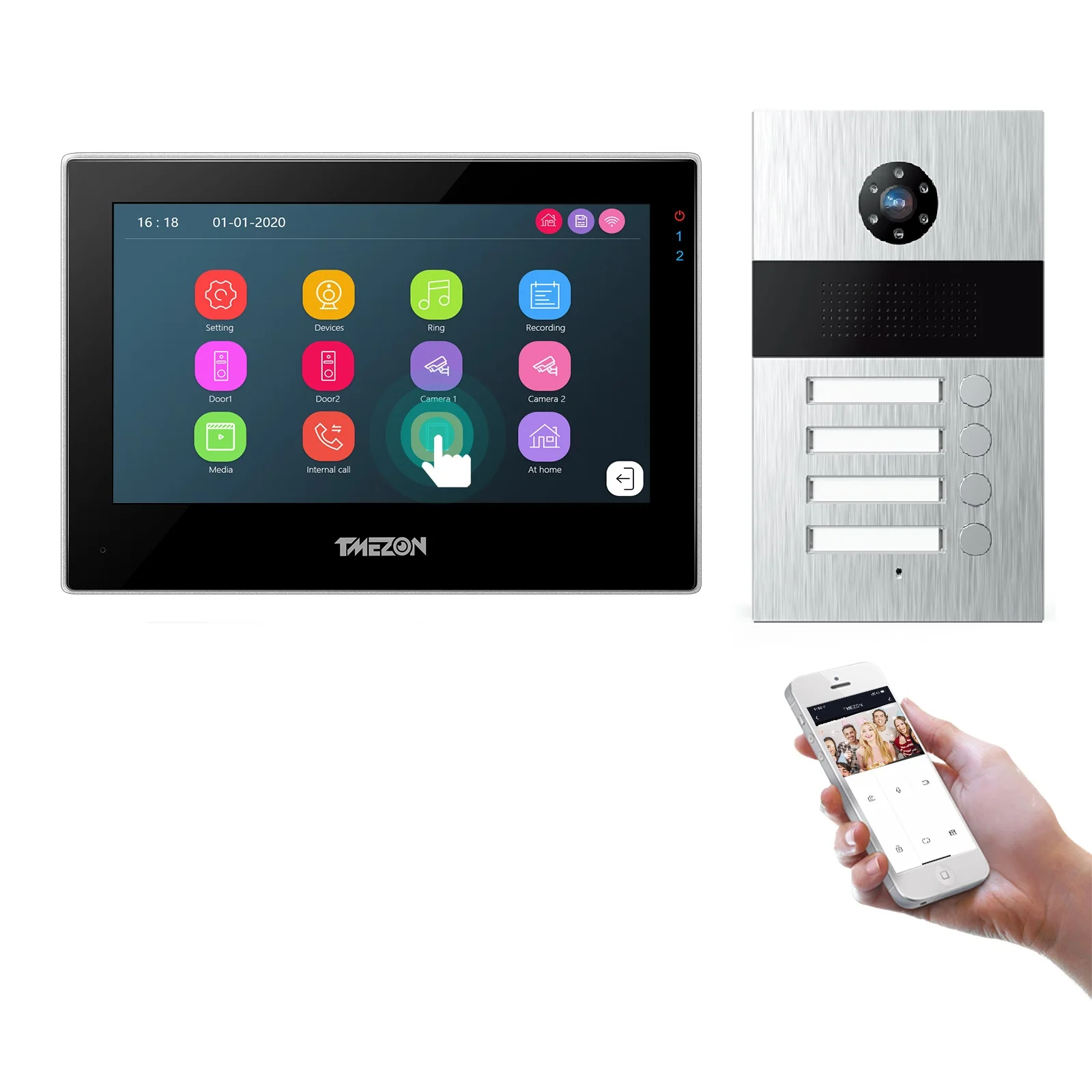 NEW Design TMEZON WiFi Video Doorphone 7inch Wifi Touch Screen with 1080P Wired Doorbell for 4 Apartments