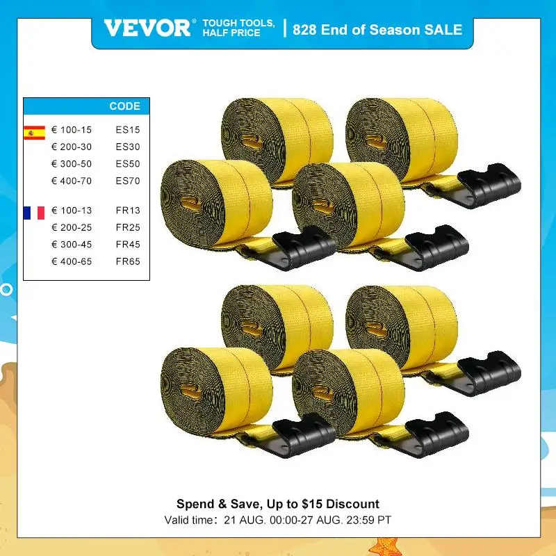 

VEVOR 10Pcs 9mx10cm Truck Ratchet Straps Load Winch Towing Rope Elastic Tensioner W/ Flat Hook Car Motorcycle Luggage Rack