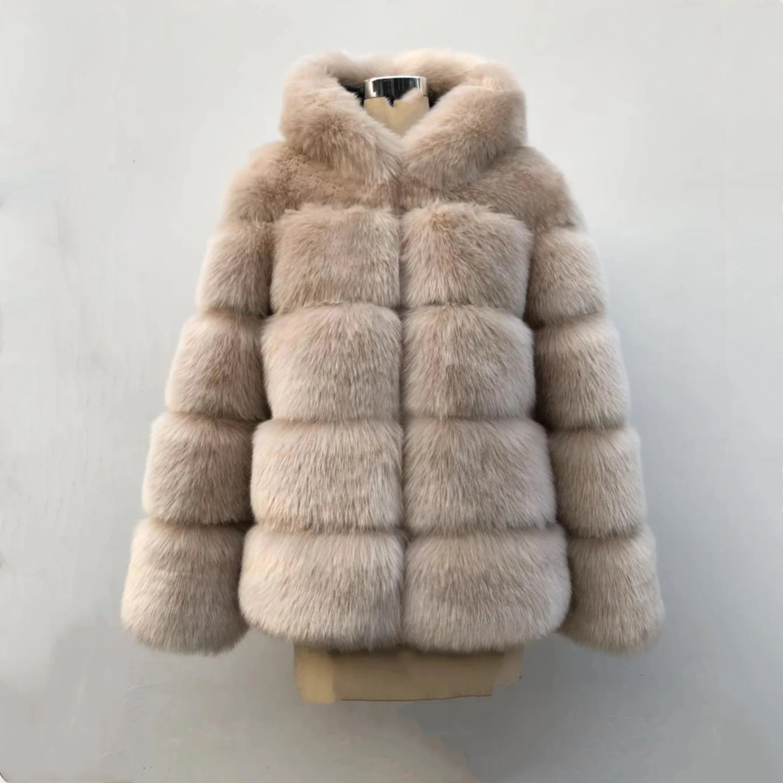 Women Winter Overcoat Outwear Long Sleeve Collar Luxury Faux Fox Fur Coat Jacket Faux Fur Black Coat With Hooded