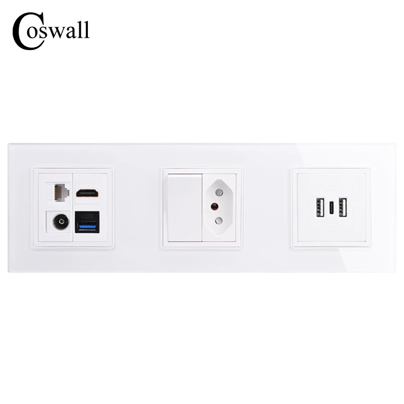 Coswall Glass Panel Wall EU French Brasil Socket + TV CAT6 Internet Jack, HDMI-compatible 2.0 & USB 3.0 Connector DIY Module