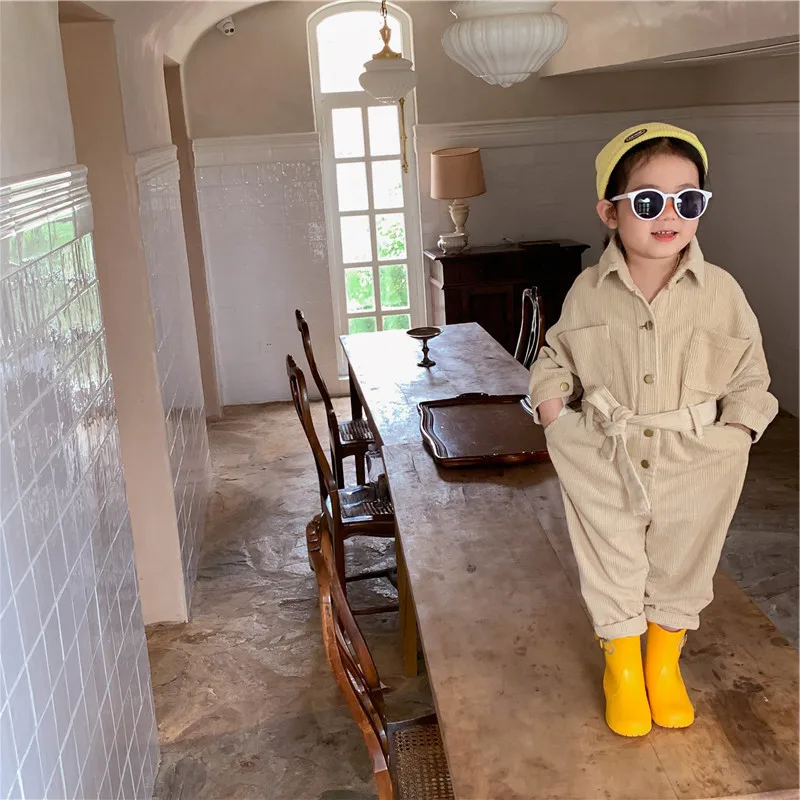 

Rompers Full Sleeve Single Breasted Ankle Length Turn Down Collar Cotton New Fashion Casual Spring Autumn Children Girls