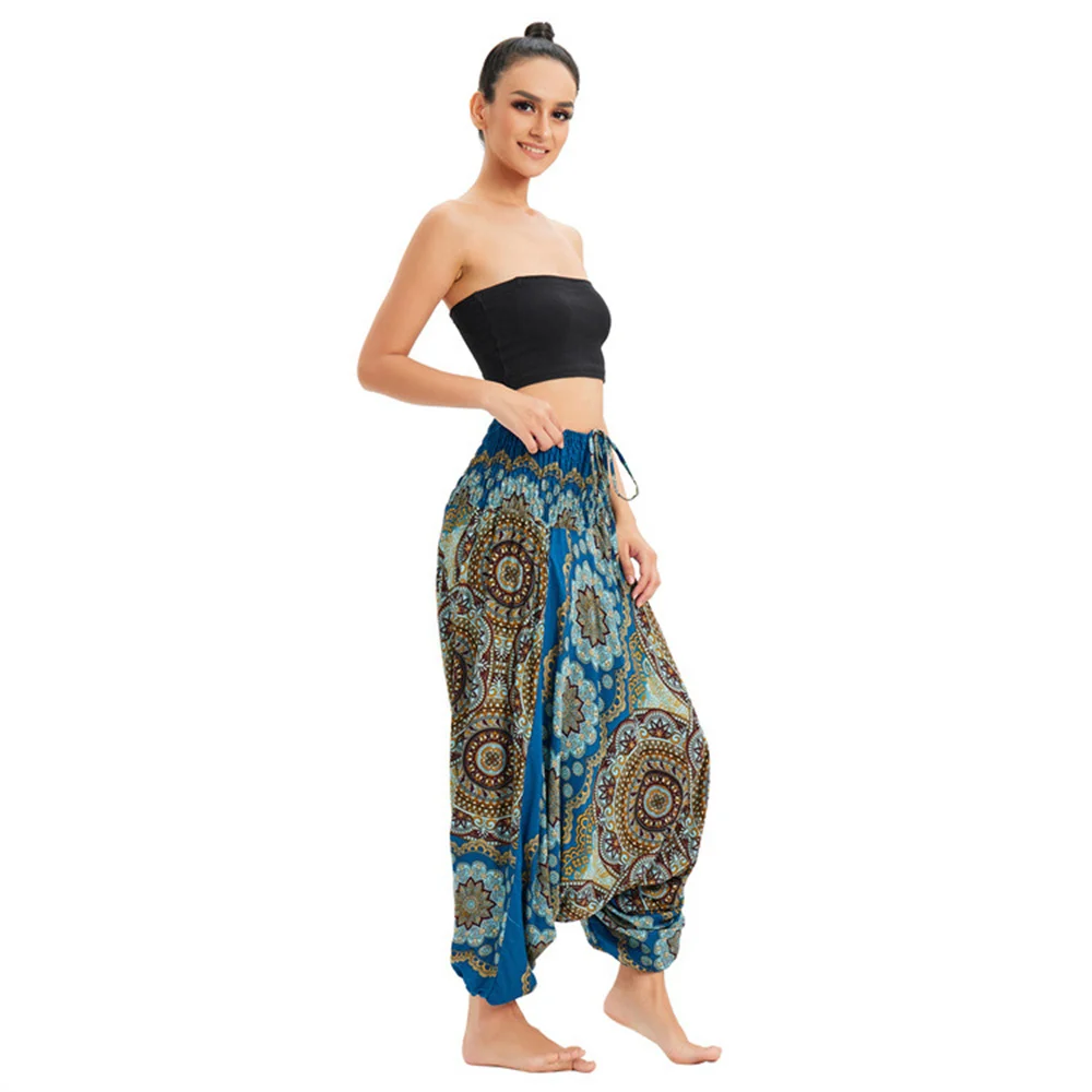 Women Bohemian Floral Print Long Pants 2022 Mid Waist Vintage Harem Pants Elastic Waist Boho Beach Trousers