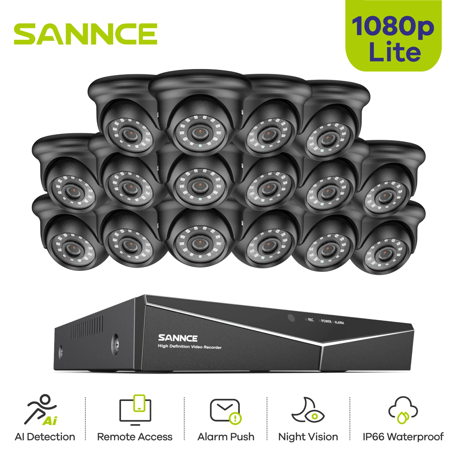 

SANNCE 1080p 16CH Full HD Wired Security Camera Set Outdoor IP66 Waterproof 2MP 5-in-1 Digital Video Recorder 16PCS TVI Cameras
