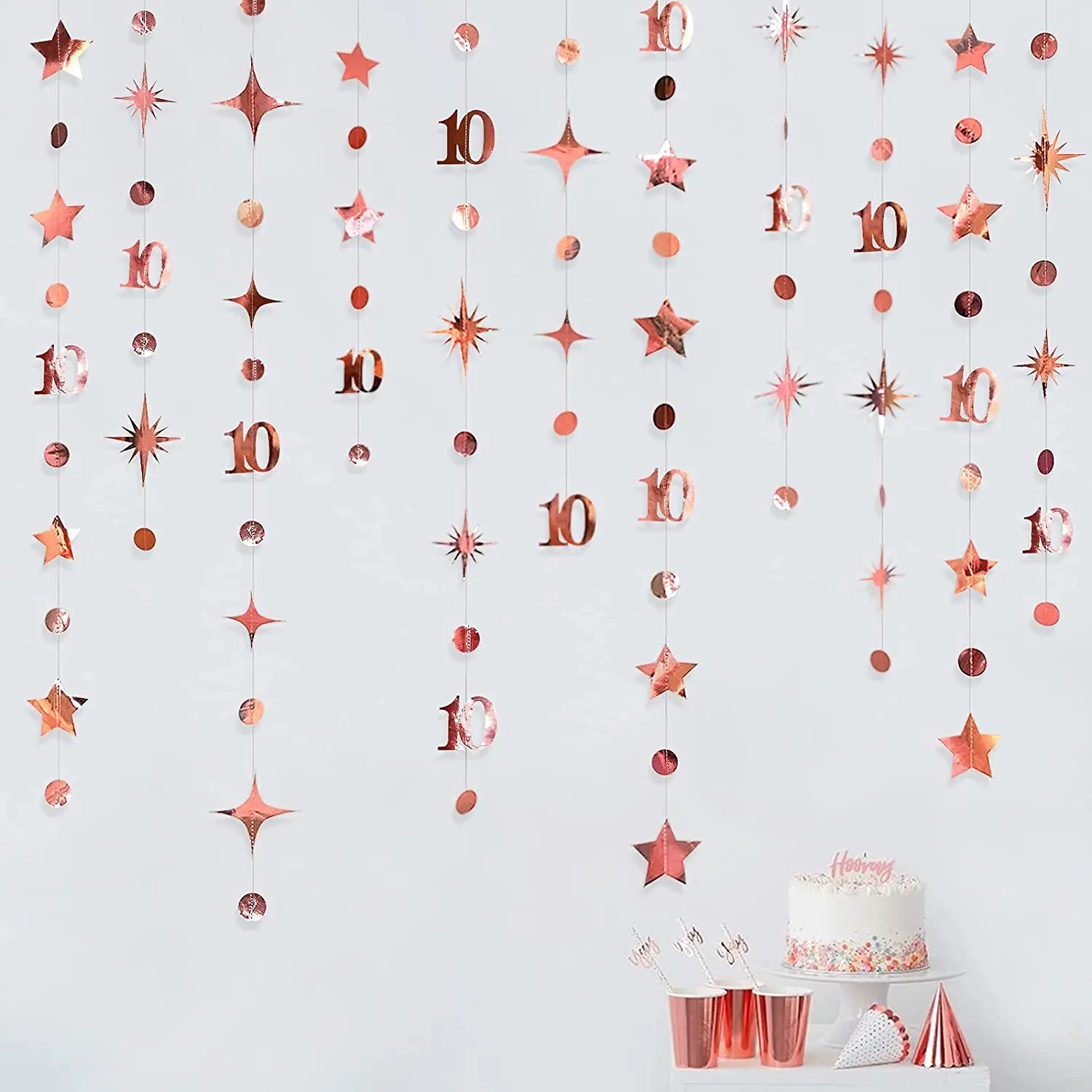 

Rose Gold 10th Happy Birthday Decorations Number 10 Circle Dot Twinkle Star Garlands Paper Hanging Streamer for 10th Anniversary