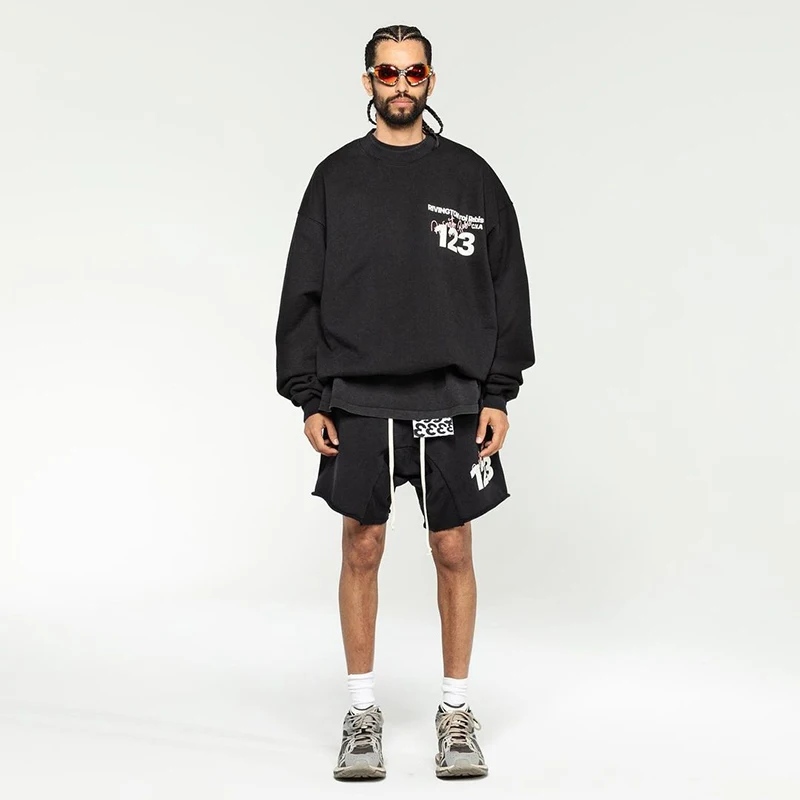 

RRR-123 hand-painted signature alphanumeric print high street oversize cotton 1:1 men women loose round neck pullover sweatshirt