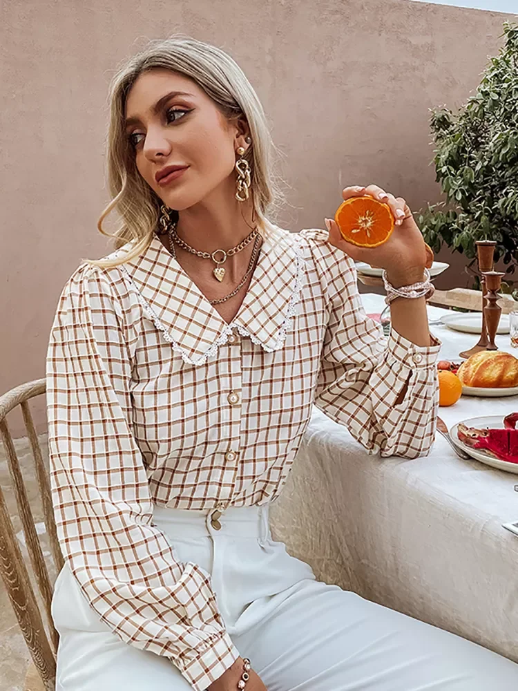 

Simplee Autumn Office Lady Gingham Square Pattern Shirt Women Casual V-neck Brown Skinny Blouse Female Regular Sleeves Top 2021