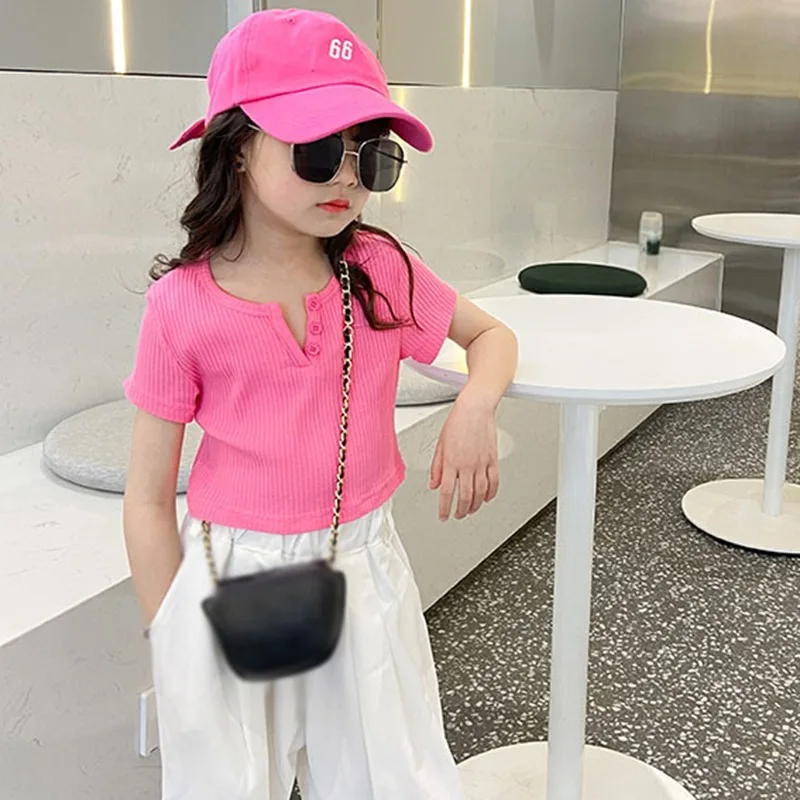 

Cute Girls Short Sleeves T-shirt Summer Baby Candy Color Fashion Clothes Kids Girl Korean Style encanto V neck Top Tee Shirt