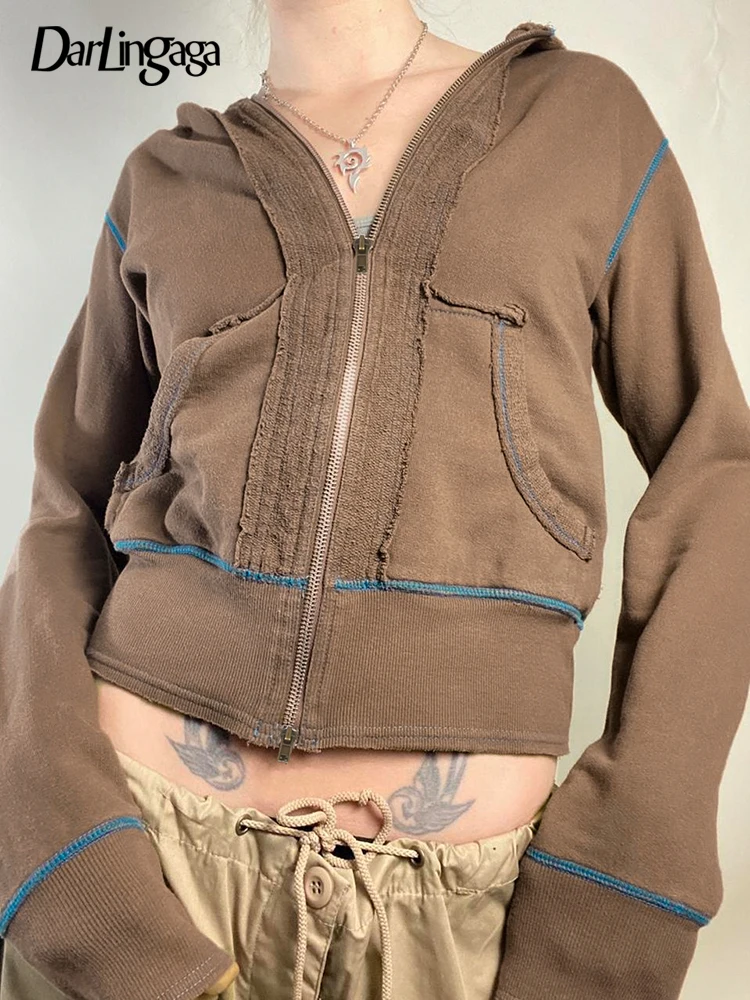

Толстовка Darlingaga в стиле пэчворк, осенняя толстовка на молнии, свитшот, куртка, женская уличная одежда Y2K, коричневый свитшот, верхняя одежда, ...