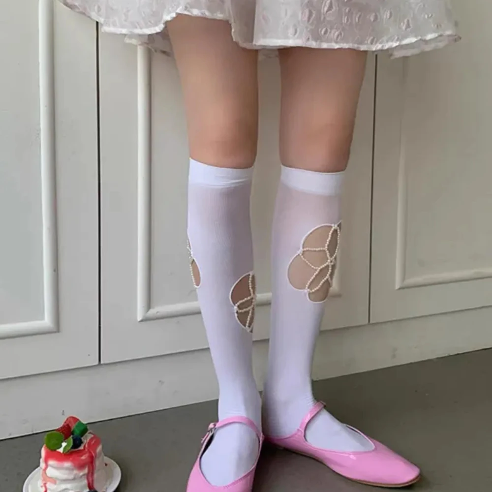 Фото Нежные летние носки ручной работы Sweet Pearl: милые корейские носки-гармошка для улицы, свиданий и под юбку, шелковые чулки №4