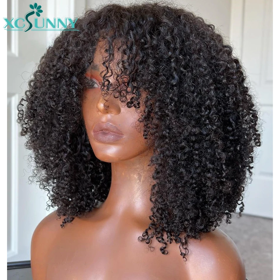 Afro Kinky Curly Bang Wig Human Hair Full Machine Made Wig With Bangs For Black Women Remy Peruvian Curly Human Hair Wig
