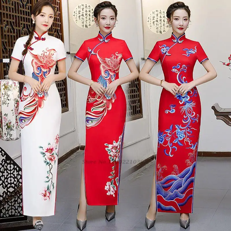 

2023 chinese dress party cheongsam oriental evening dress chinese traditional women elegant qipao phoenix print qipao dress