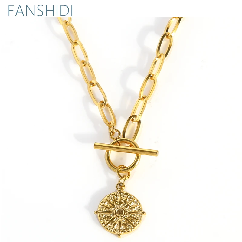 

FANSHIDI Sun Necklace For Women Metal Medallion Necklaces Stainless Steel Toggle Choker Collier Femme