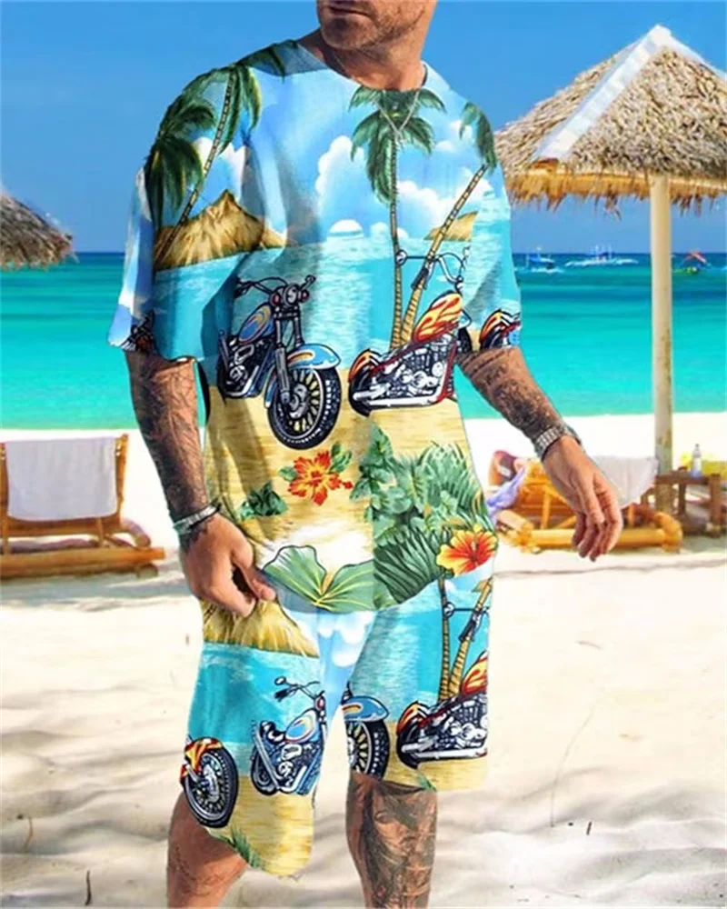 

2023 New Men's T-Shirt Set Leisure Casual Seaside Coconut Tree Print Sportswear Oversized Clothing Shorts Suit Summer Beach Coat