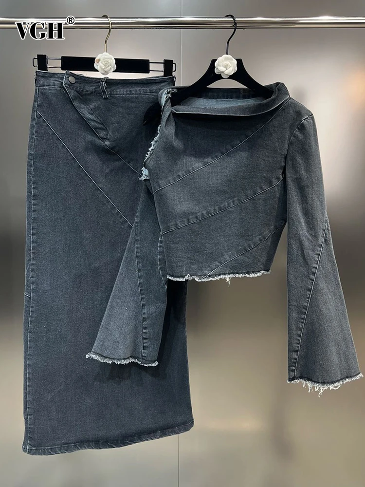 

VGH Solid Denim Two Piece Set For Women Round Neck Off Shoulder Tops High Waist Spliced Button A Line Skirts Slim Sets Female