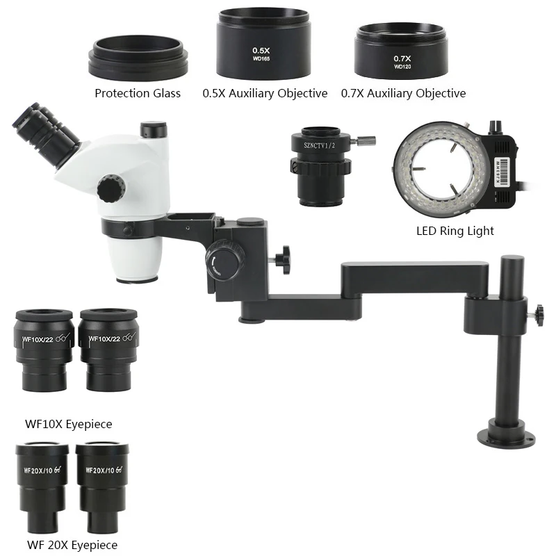 

3.35X 6.7X 45X 90X Zoom Simul-Focal Trinocular Stereo Microscope WF10X/22MM Wide Field Eyepieces 0.5X 0.7X Barlow Lens