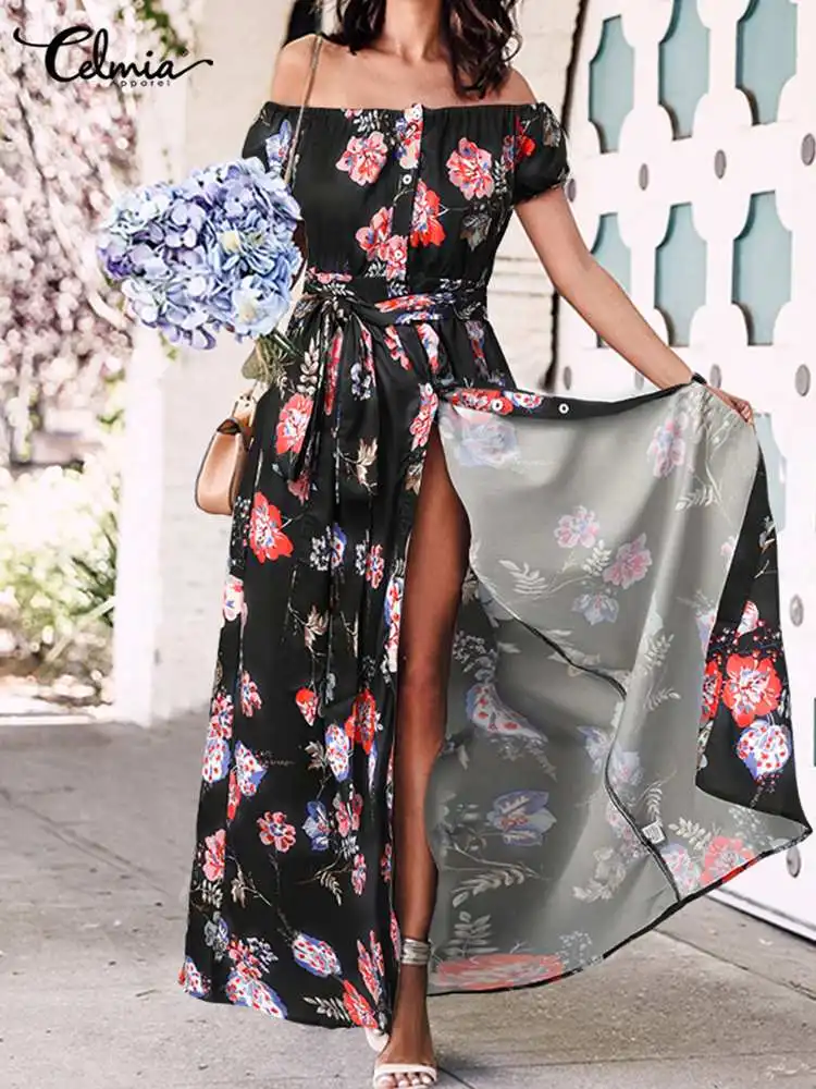 

Celmia Off Shoulder Floral Print Beach Dresses Women Fashion Short Sleeve Belted Slit Hem Long Sundress Vacation Sexy Clothing