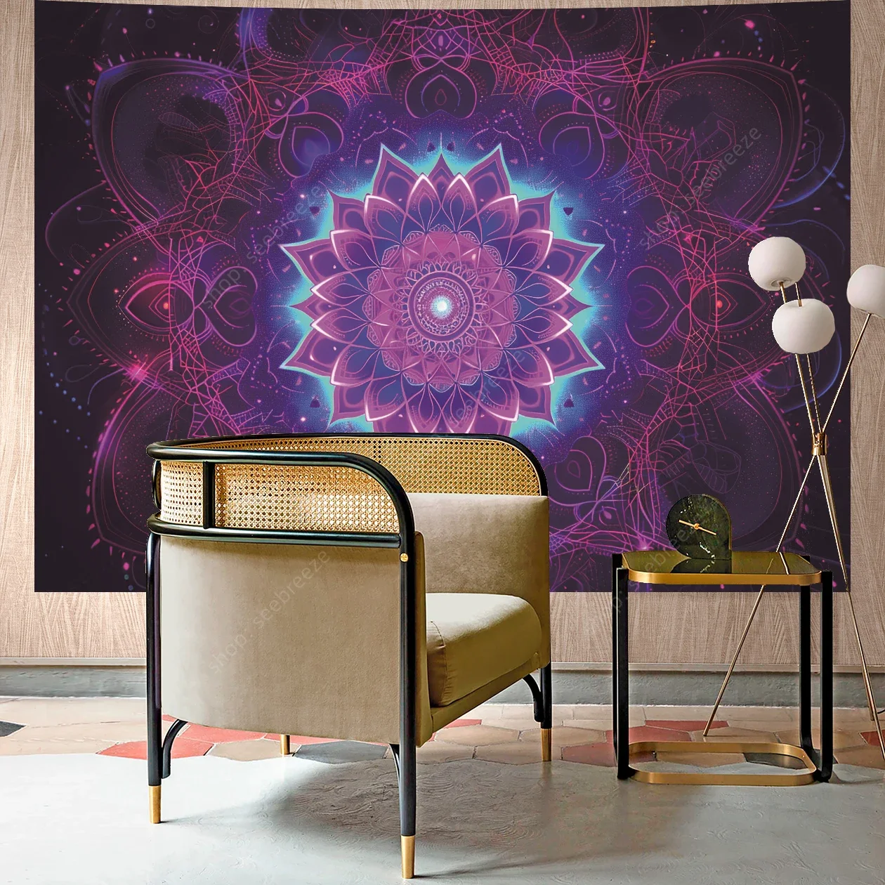 Мандала лотоса УФ-реактивный гобелен яркий розовый фиолетовый духовная