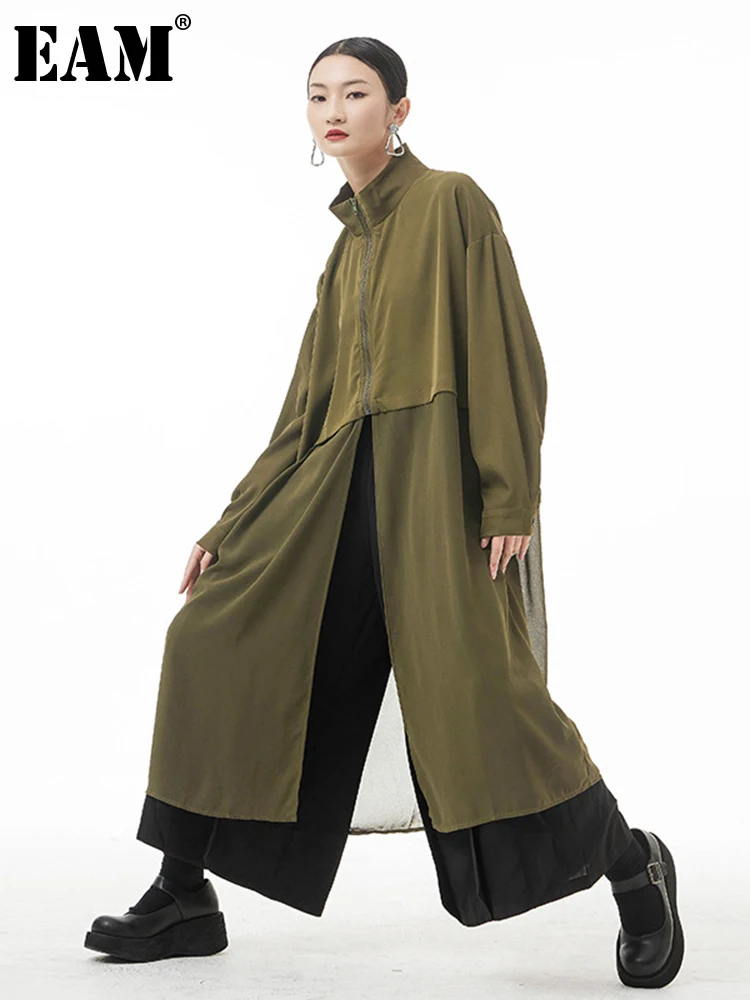 

[EAM] Women Army Green Irregular Long Big Size Trench New Lapel Long Sleeve Windbreaker Fashion Tide Spring Autumn 2022 1DE7107