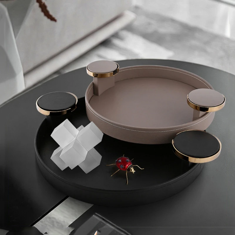 

Modern Tray Household Living Room Grey Faux Leather Storage Tray Model Room Restaurant Decoration Flower Fruit Plate Set
