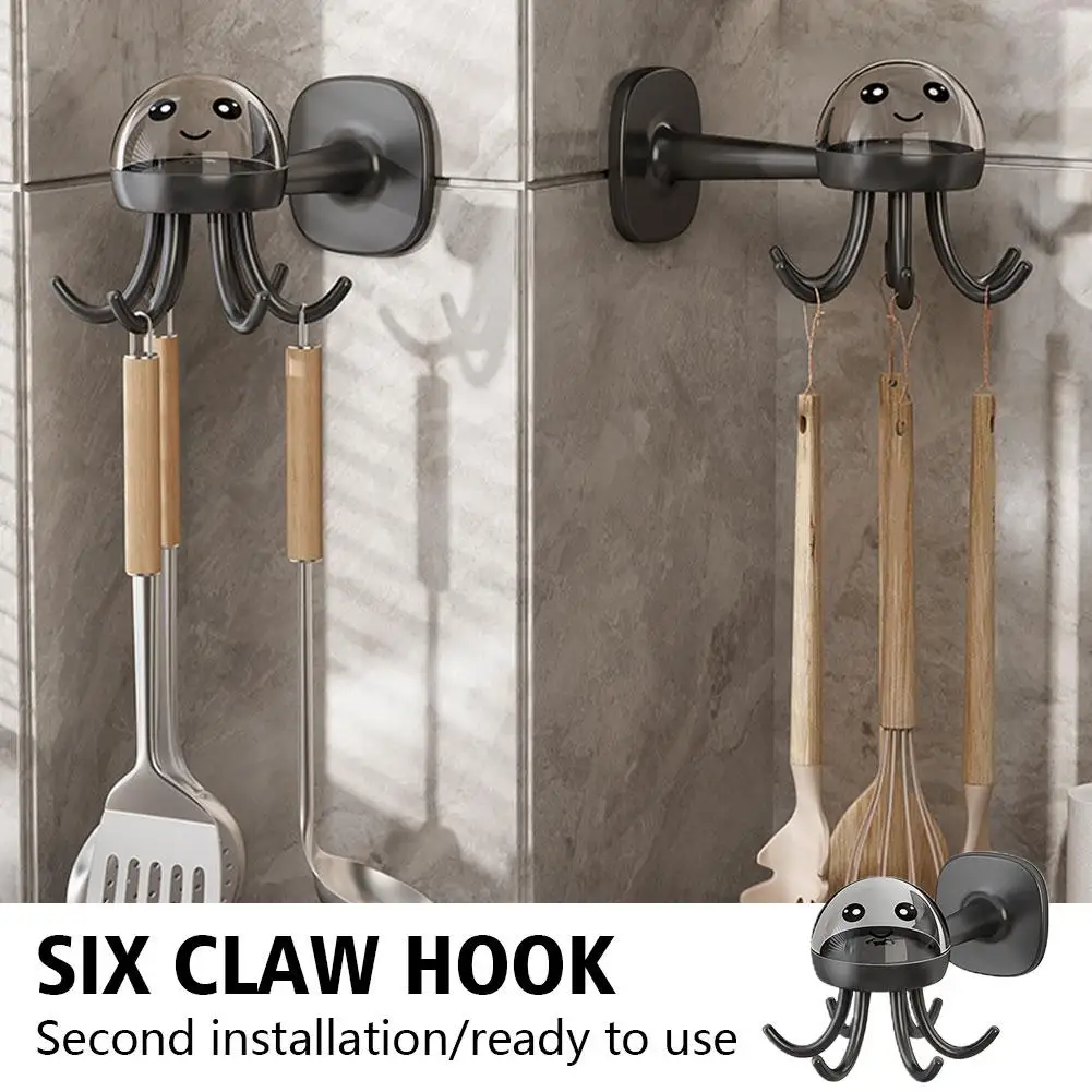 

Universal Hooks 360-degree Rotatable Six-claw Storage Rack Bathroom Bath Hooks Organizer Hooks Storage Towel Punch-free Kit H3R1