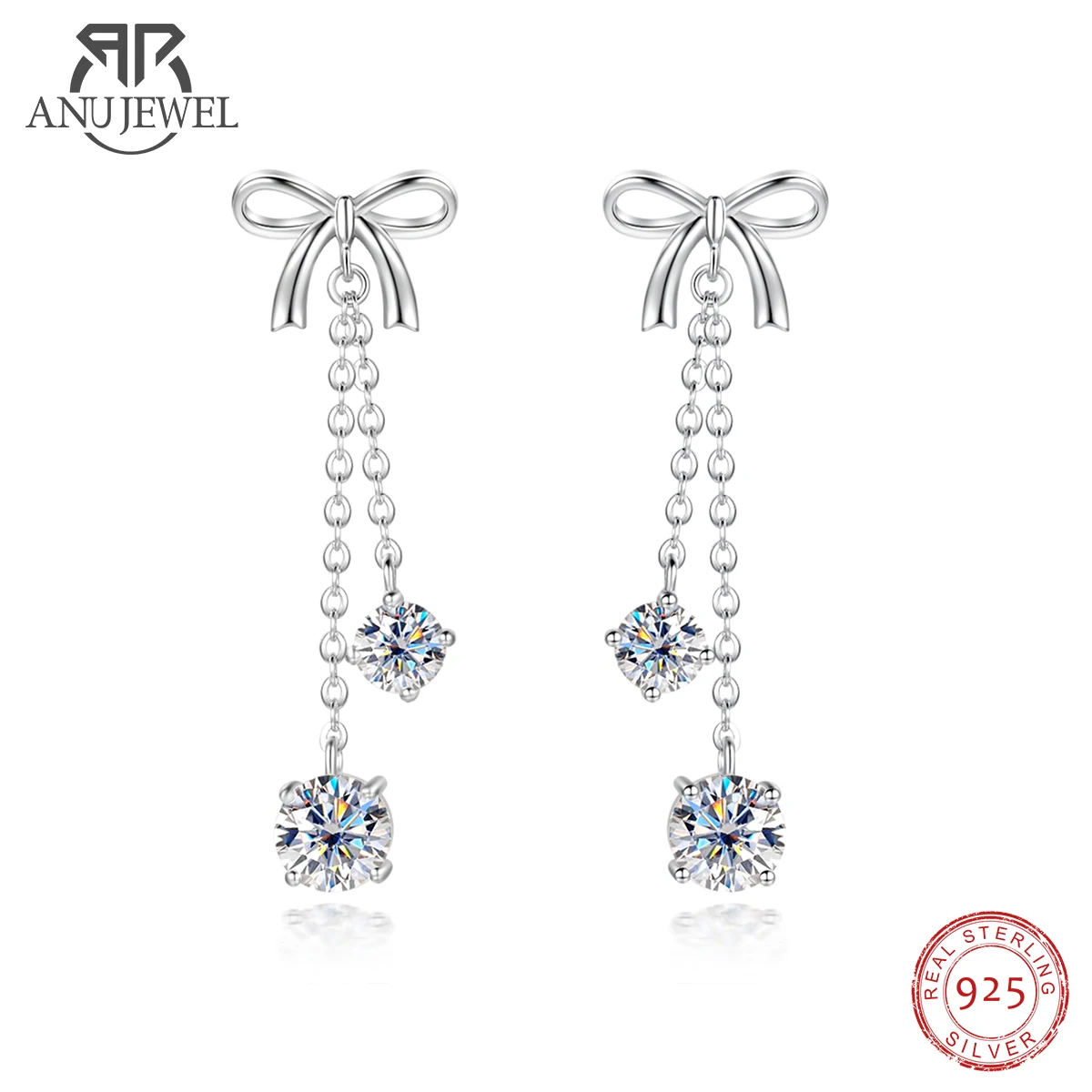 AnuJewel 3cttw D Color Moissanite Diamond Bow Drop Earrings 925 Sterling Silver Stud Earrings Charm Jewelry Wholesale
