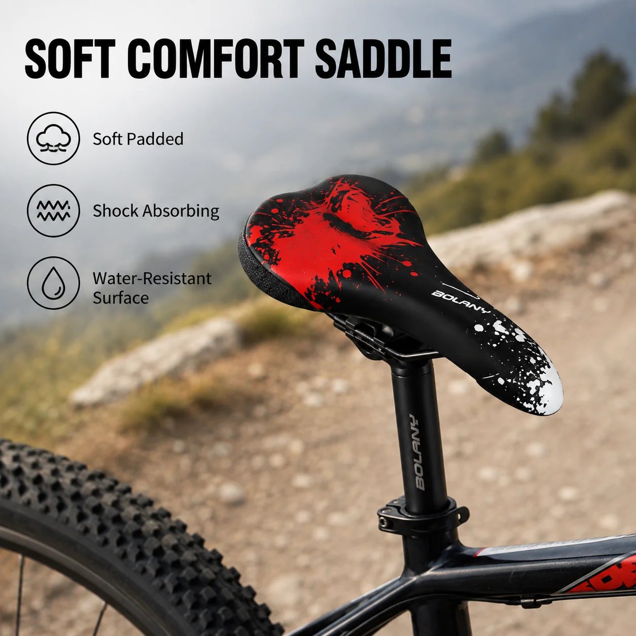 Фото Велосипедное седло BOLANY Soft Comfort из водонепроницаемой ПВХ-кожи с амортизирующей подкладкой и основанием из полипропилена для горных и шоссейных велосипедов. №2