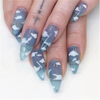 24pcsset blue sky white cloud fake nails glue diy manicure pattern design false nail french stiletto full cover nail art tools