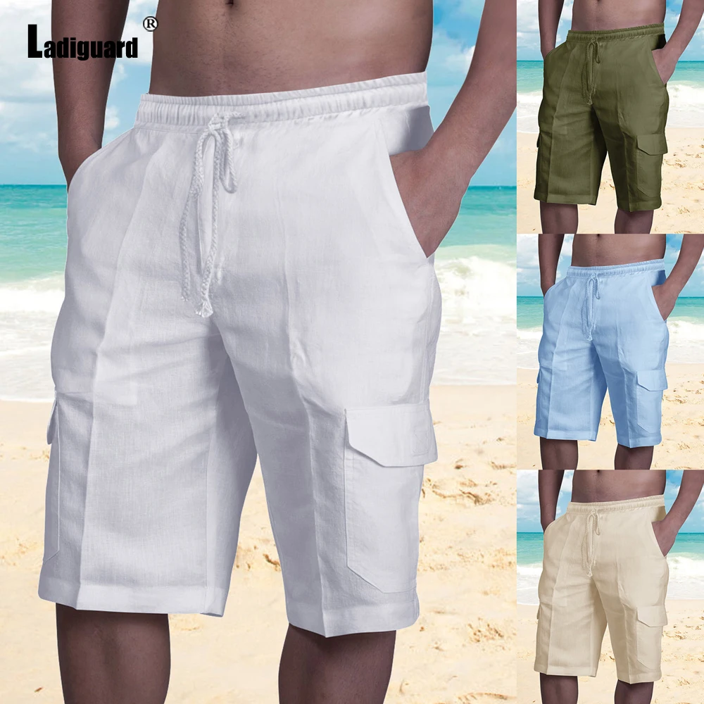 Ladiguard Men Pocket Design Shorts Cotton Linen Panties 2022 Summer New Sexy Lace-up Skinny Shorts Male Casual Beach Half Pants