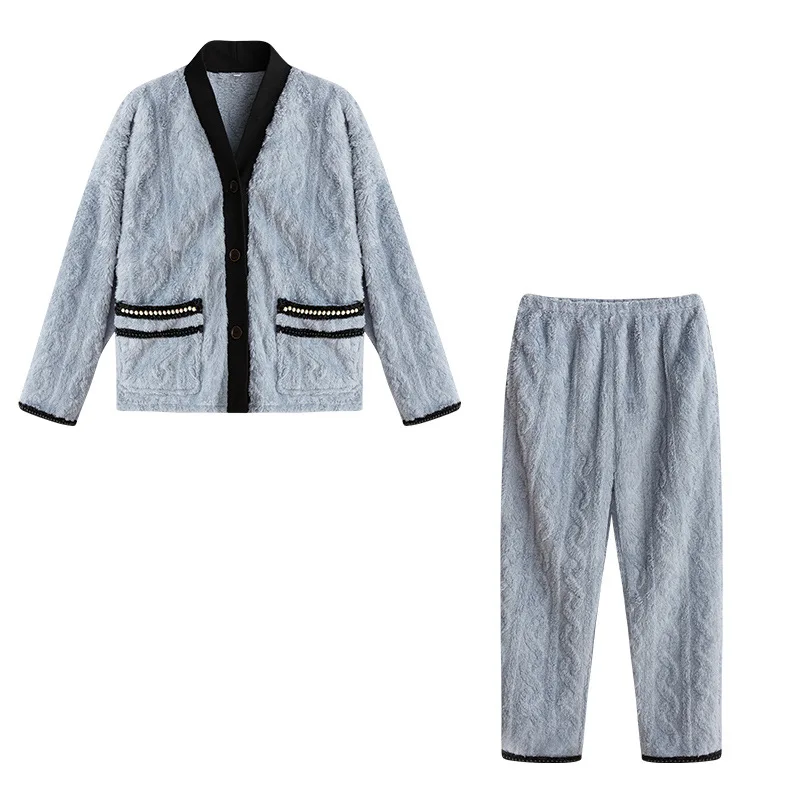 Flannel Pajamas Set For Women WInter Warm Pyjamas 2-Piece Loose Homewear Nightwear Warm Sleepwear