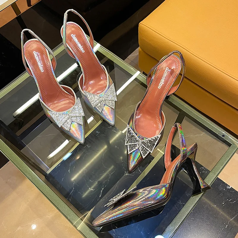 

Женские босоножки на высоком каблуке, туфли-лодочки с острым носком и пряжкой-бабочкой, украшенные стразами, для свадьбы и вечеринки, офисна...