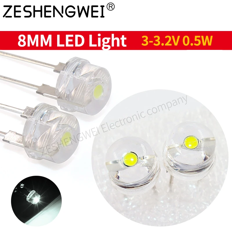 

10PCS F8 8MM Yellow Blue Green Red White LED Super Bright Straw Hat Light Emitting Diode Highlighted White 0.5W Astigmatism